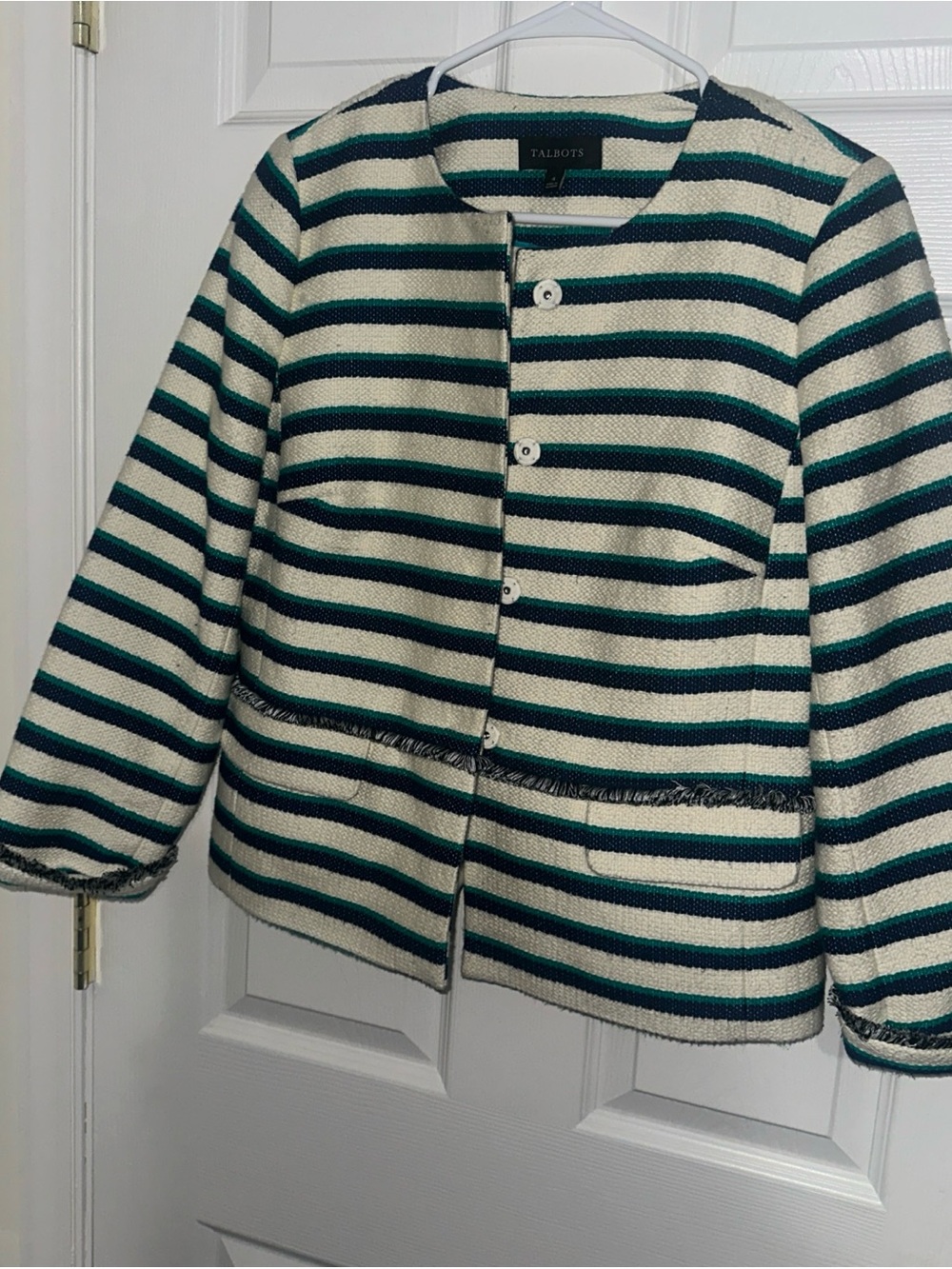 Talbots Navy, Teal & Cream Striped Boxy Cardigan size 4 - Picture 2 of 7